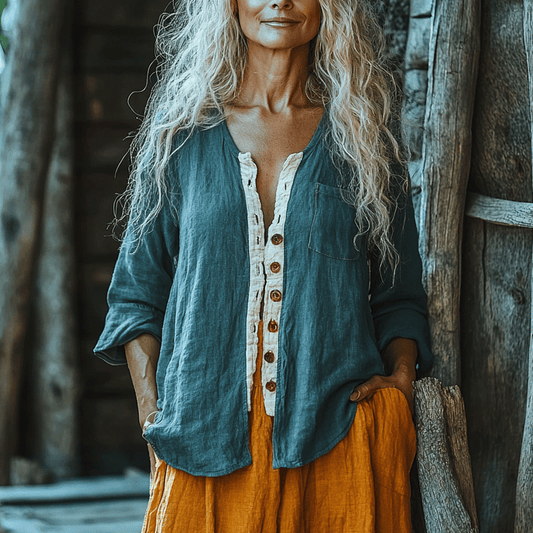 Women's Linen Bohemia Style Plain Long-sleeved Breathable Top Shirt