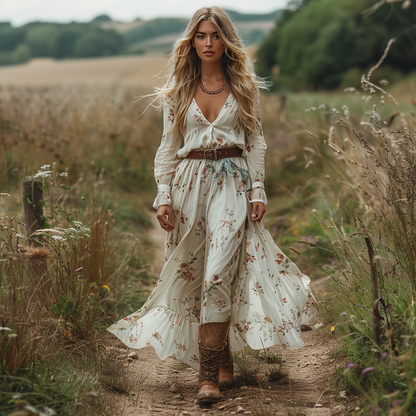 Women's Retro V-neck Floral Long-sleeve Bohemian Pastoral Style Maxi Long Dress