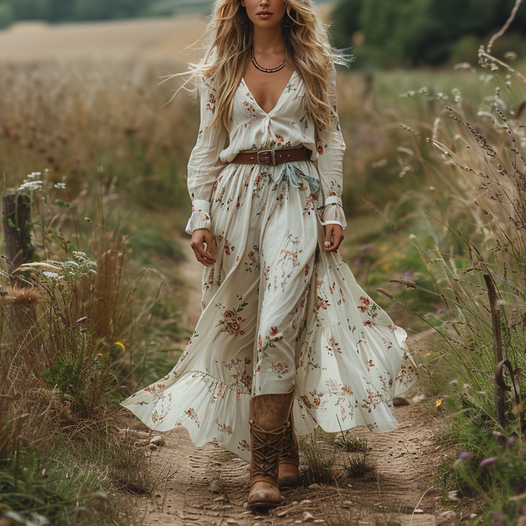 Women's Retro V-neck Floral Long-sleeve Bohemian Pastoral Style Maxi Long Dress
