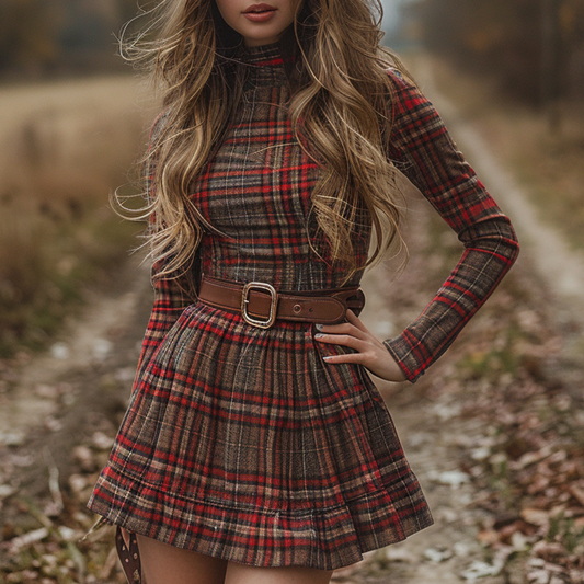 Women's Retro Plaid Pastoral Denim Style Long-sleeve Mini Short Dress