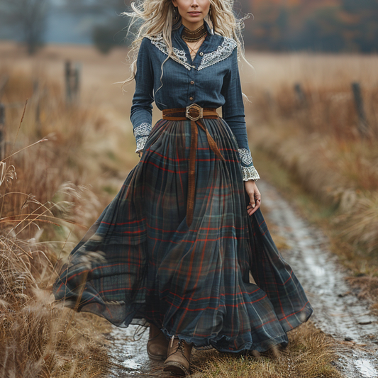 Women's Retro Plaid V-neck Long-sleeve Long Skirt Pastoral Style Maxi Long Dress