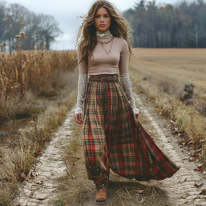 Women's Retro High Neck Long-sleeve Long Skirt Plaid Pastoral Style Maxi Long Dress