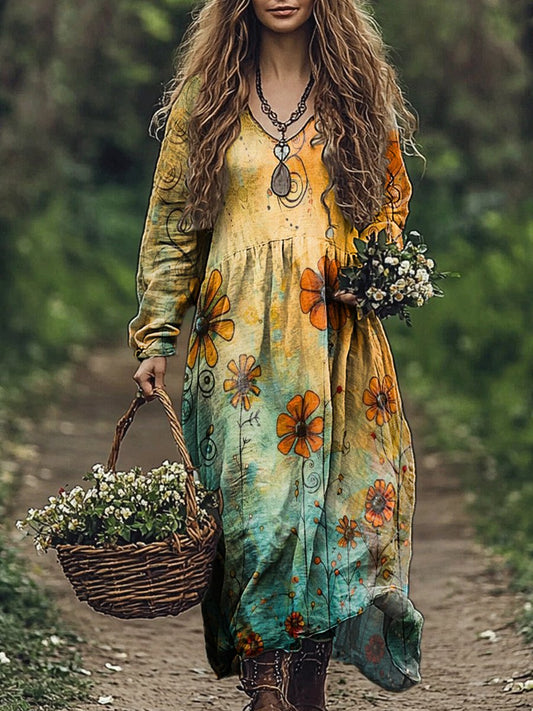 Women's Vintage Watercolor Gradient Floral Art Prints V Neck Pocket Cotton Dress