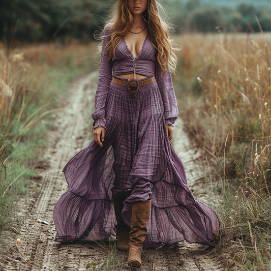 Women's Vintage V-neck Bohemian Pastoral Style Long-sleeve Maxi Long Dress