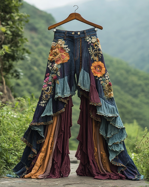 Summer ruffled denim cotton and linen patchwork contrast color pants 920e