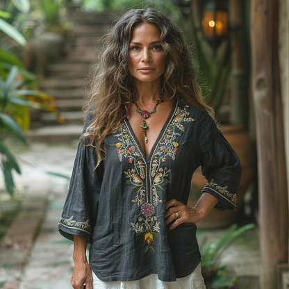 Retro Loose Bohemia Ethnic Style Linen V-neck Short-sleeved Top