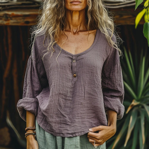 Women's Bohemian Linen Style Basic Long-sleeve Top Shirt