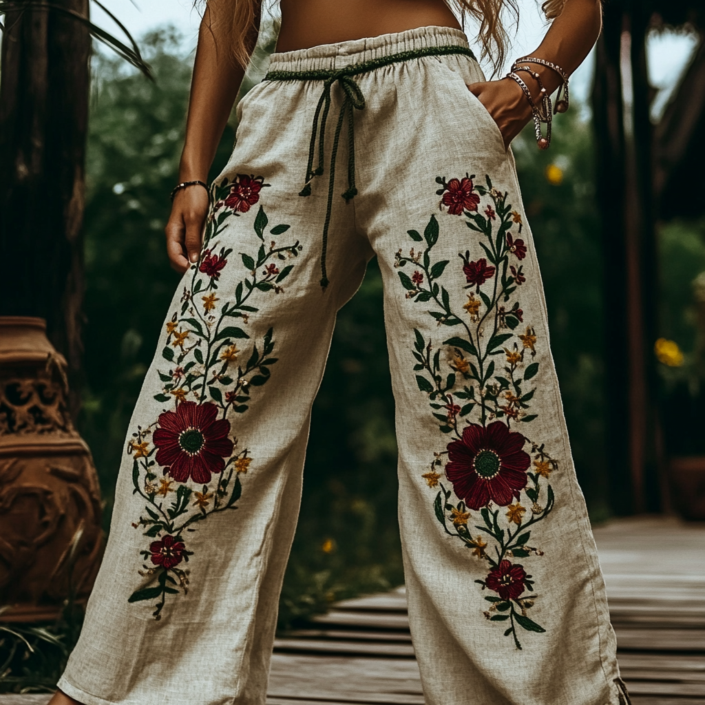 Women's Bohemian Floral Embroidered Casual Pants 3e38