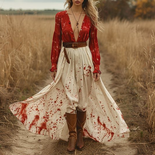 Women's Retro V-neck Linen Pastoral Halloween Style Long-sleeve Maxi Long Dress
