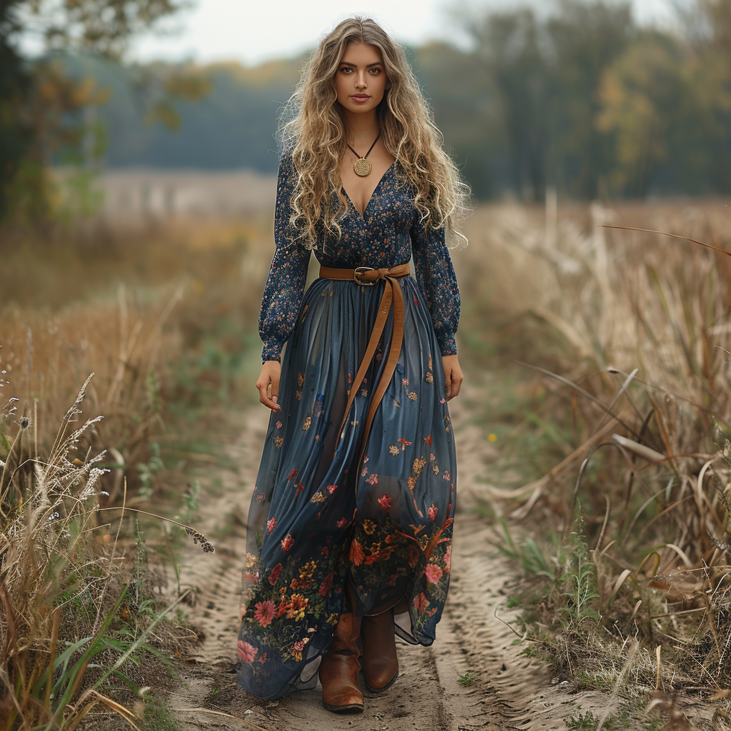 Women's Retro V-neck Floral Long-sleeve Bohemian Pastoral Style Maxi Long Dress