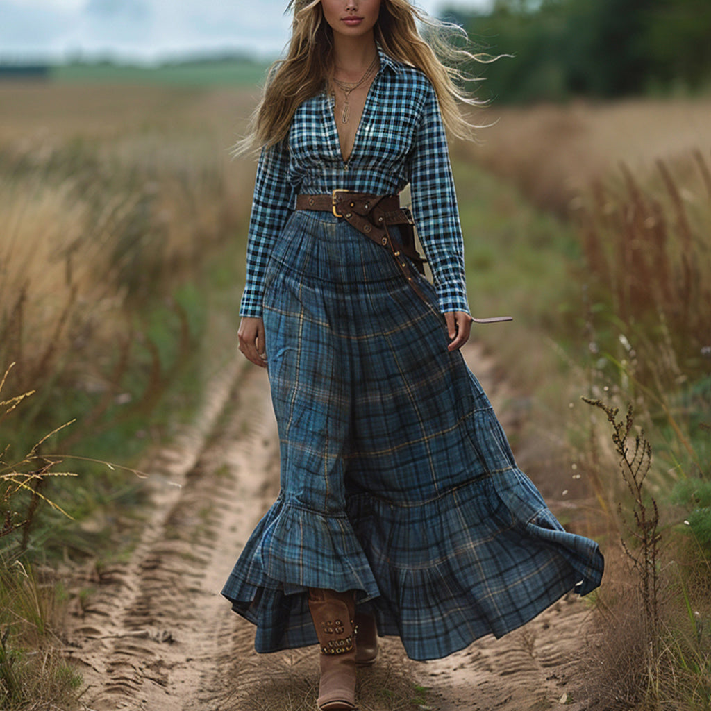Women's Vintage V-neck Bohemian Pastoral Style Long-sleeve Maxi Long Dress