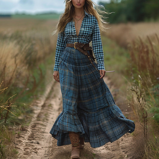 Women's Vintage V-neck Bohemian Pastoral Style Long-sleeve Maxi Long Dress