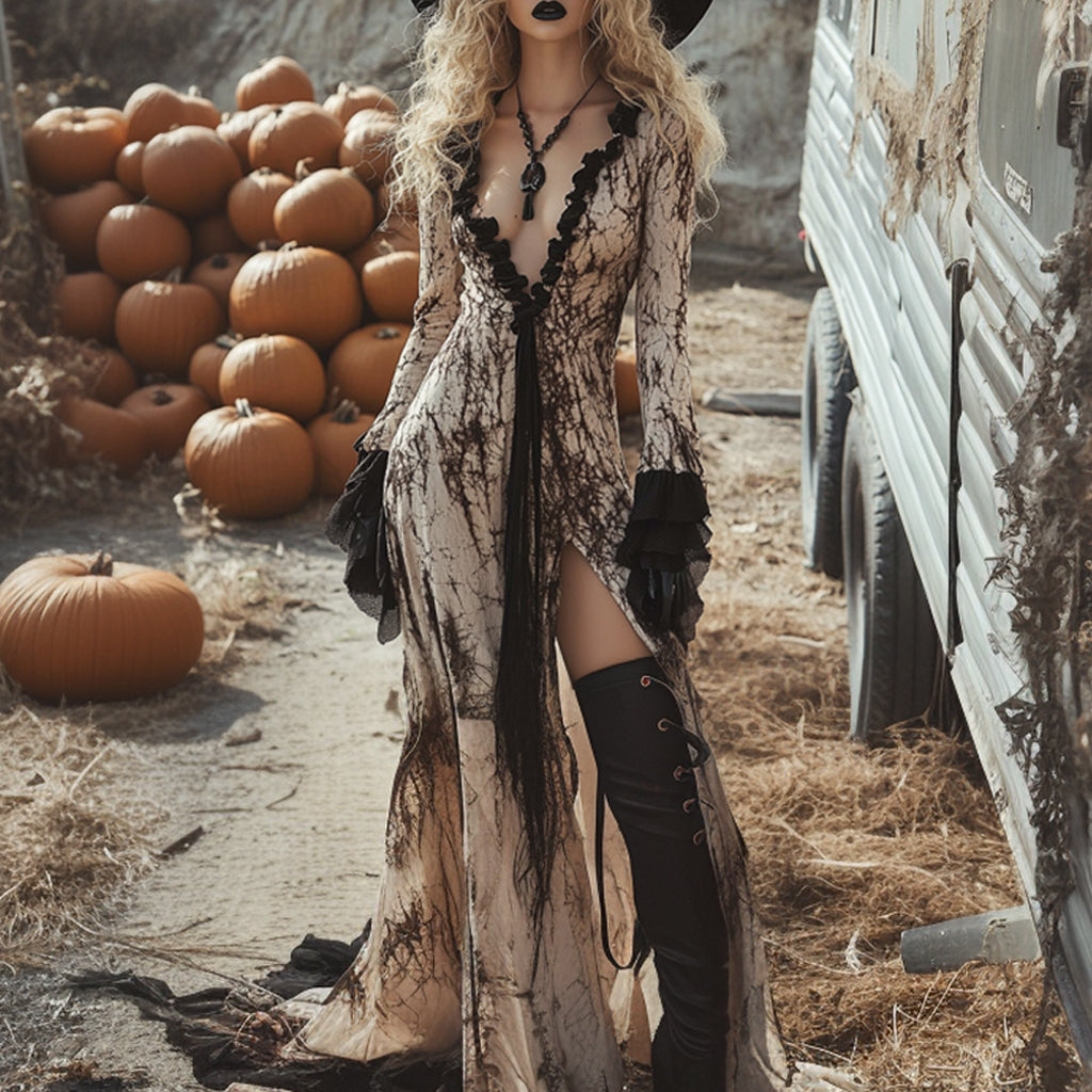 Women's Halloween Witch Style Tie-dye Long-sleeve Maxi Long Dress
