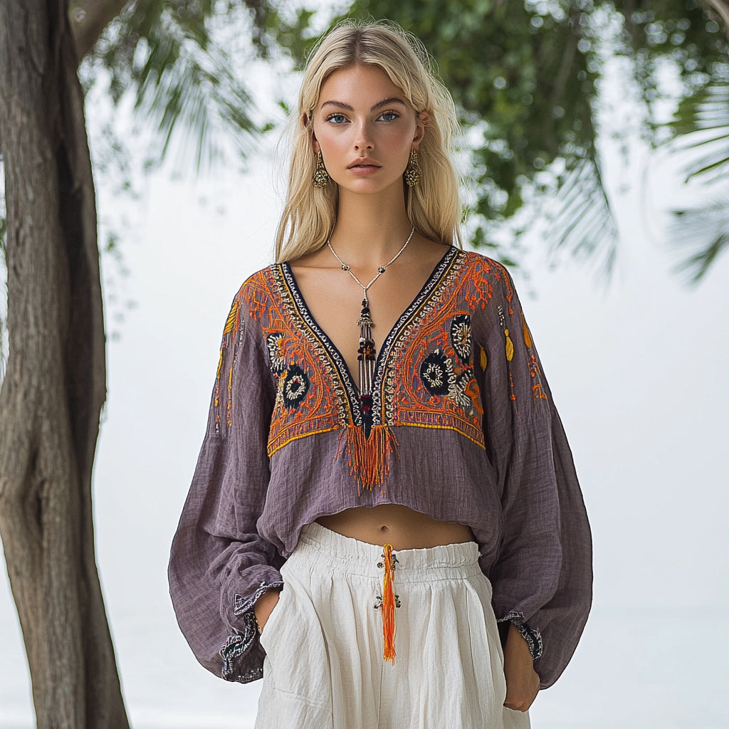 Women's Bohemian Ethnic Pattern Linen Style Casual Long-sleeved Top Shirt