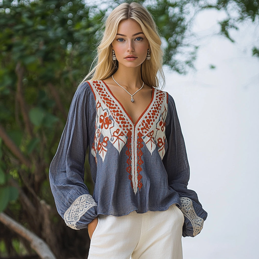 Women's Bohemian Ethnic Pattern Linen Style Casual Long-sleeved Top Shirt
