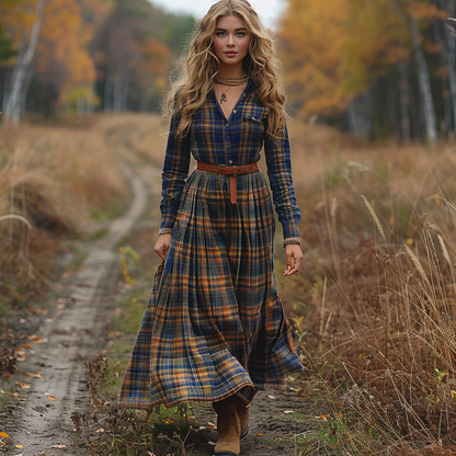Women's Retro V-neck Plaid Long-sleeve Bohemian Pastoral Style Maxi Long Dress