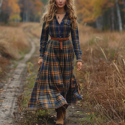 Women's Retro V-neck Plaid Long-sleeve Bohemian Pastoral Style Maxi Long Dress