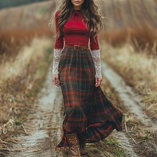 Women's Retro High Neck Long-sleeve Long Skirt Plaid Pastoral Style Maxi Long Dress
