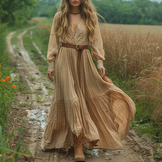 Women's Retro V-neck Country Pastoral Linen Style Long-sleeve Casual Maxi Long Dress