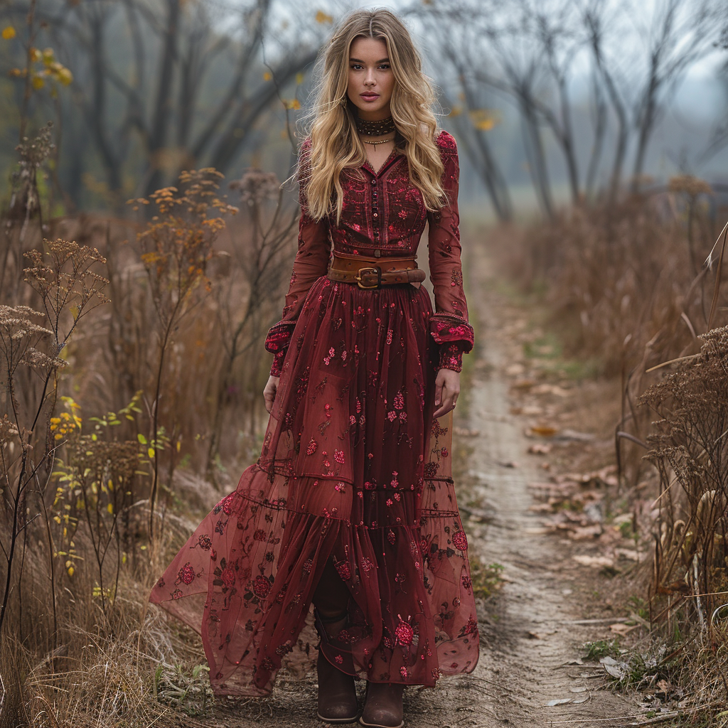 Women's Vintage V-neck Floral Bohemian Pastoral Style Long-sleeved Maxi Long Dress