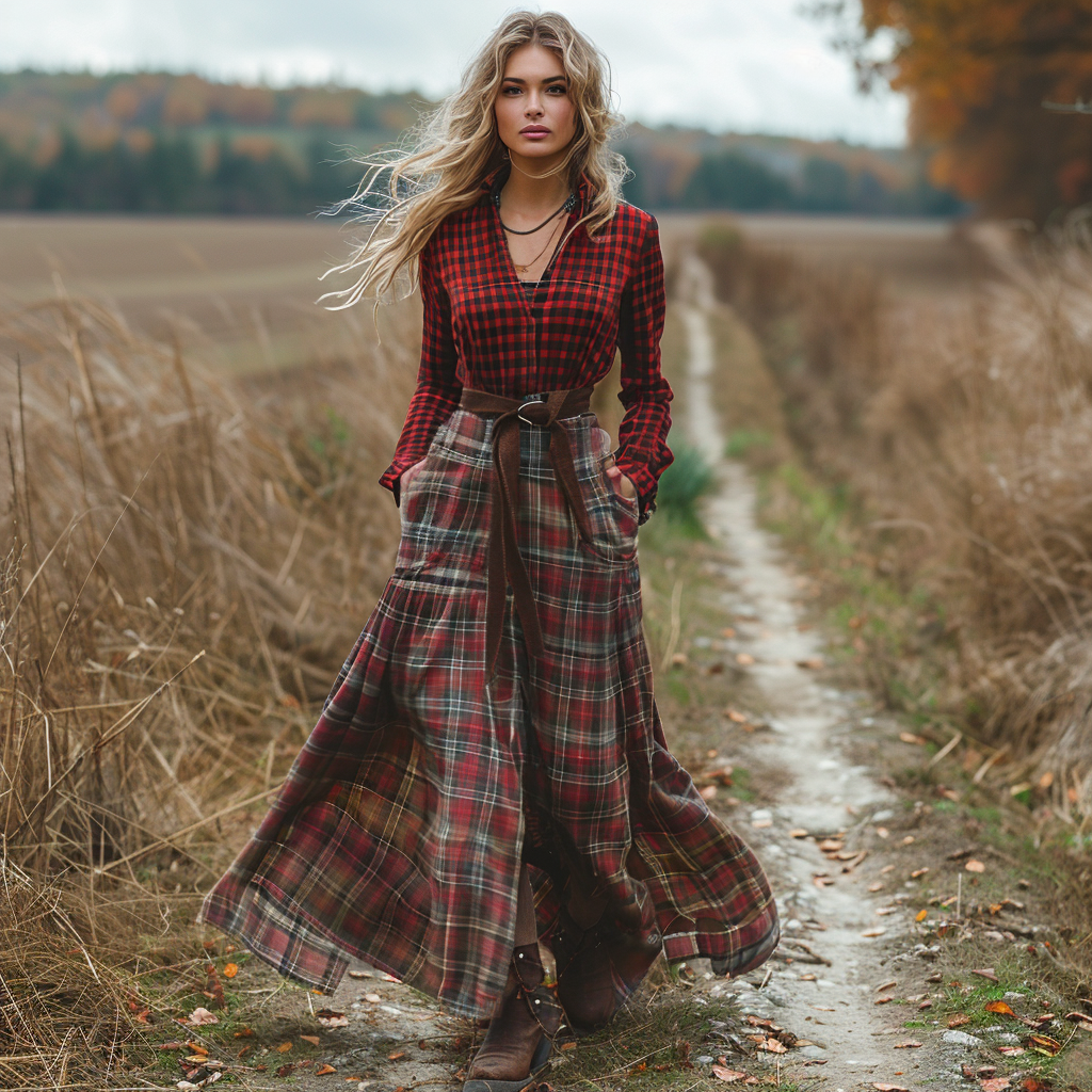 Women's Retro V-neck Plaid Long-sleeve Bohemian Pastoral Style Maxi Long Dress