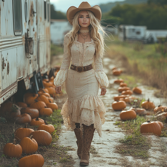 Vintage Cowgirl Style Halloween Floral Dress