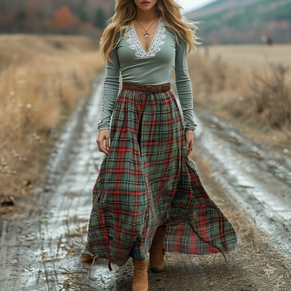 Women's Retro Plaid V-neck Long-sleeve Long Skirt Pastoral Style Maxi Long Dress