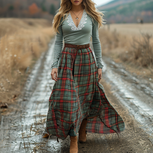 Women's Retro Plaid V-neck Long-sleeve Long Skirt Pastoral Style Maxi Long Dress