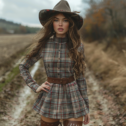 Women's Retro Plaid Pastoral Style Long-sleeve Short Dress