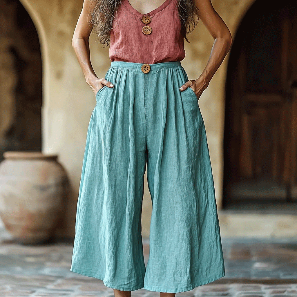 Women's Solid Linen Cropped Wide-leg Casual Trouser Pants