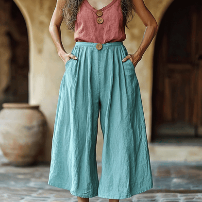 Women's Solid Linen Cropped Wide-leg Casual Trouser Pants