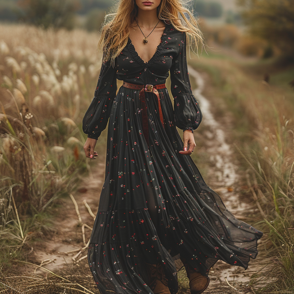 Women's Vintage Country Pastoral Linen Style Long-sleeve Maxi Long Dress