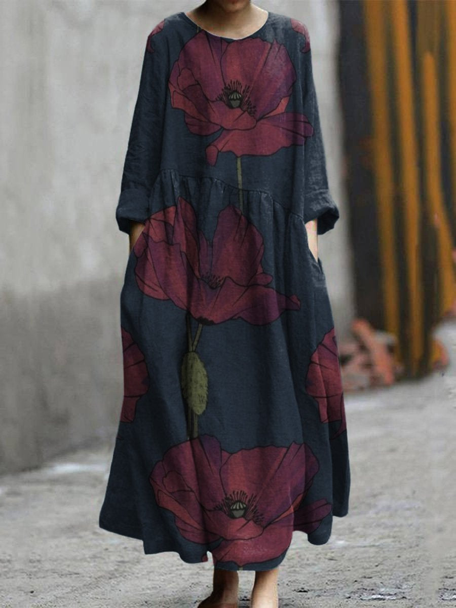 Vintage Dark Red Flower Pattern Pocket Cotton Dress