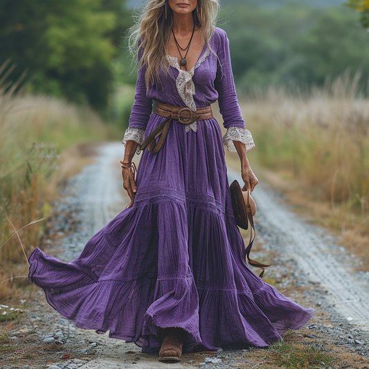 Women's Vintage V-neck Linen Long-sleeve Maxi Long Dress