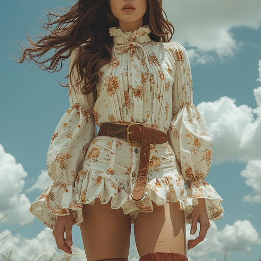 Women's Retro Floral Bohemian Pastoral Style Long-sleeved Mini Short Dress