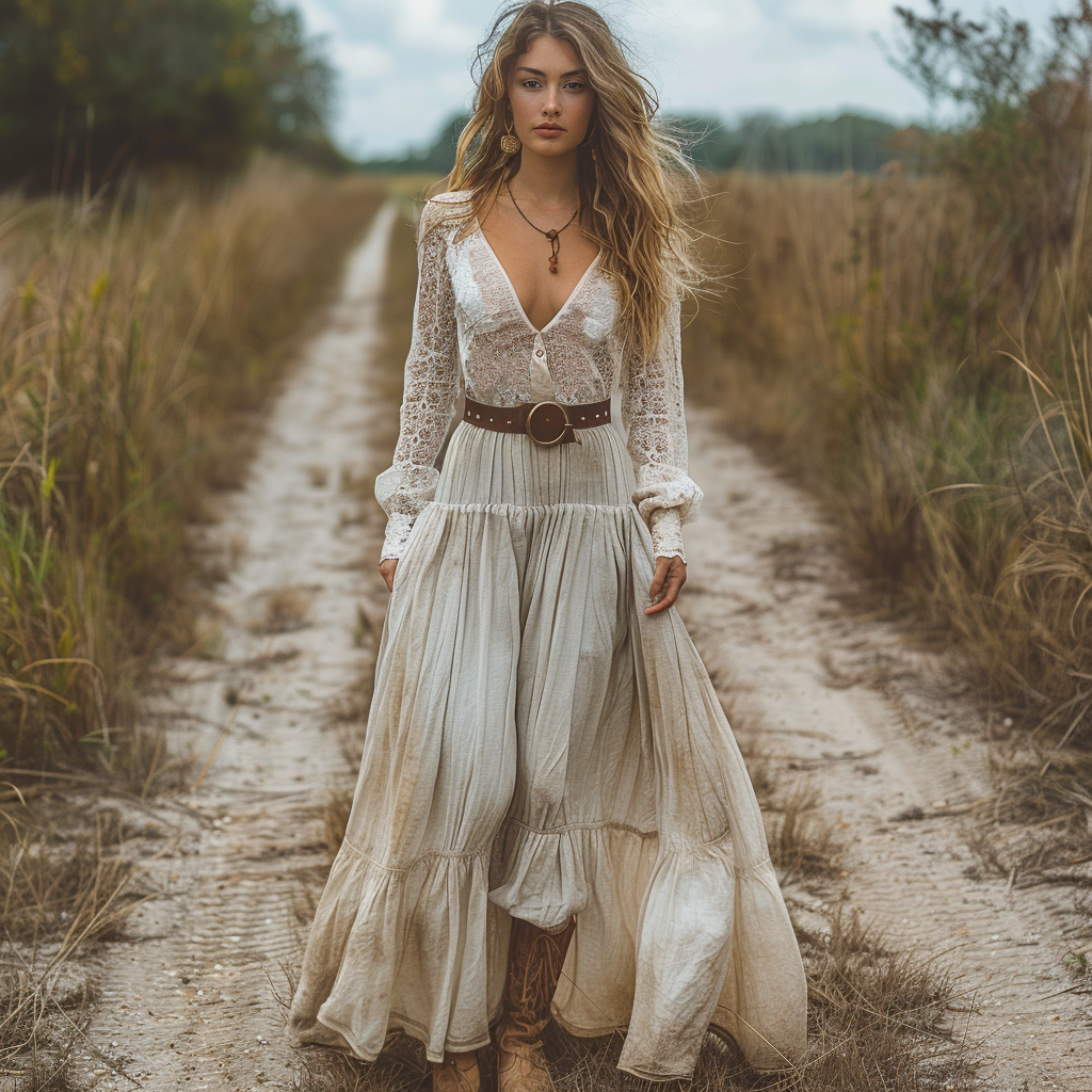 Women's Retro V-neck Country Pastoral Linen Style Long-sleeve Casual Maxi Long Dress