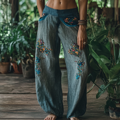 Hamivibe Vintage Bohemian Floral Art Printed Cotton Linen Wide Leg Pants a3d5