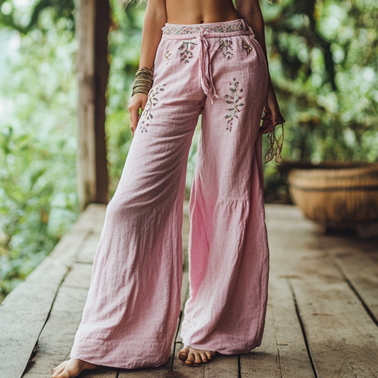 Bohemian Holiday Style Retro Linen Floral Ethnic Totem Print Casual Pants