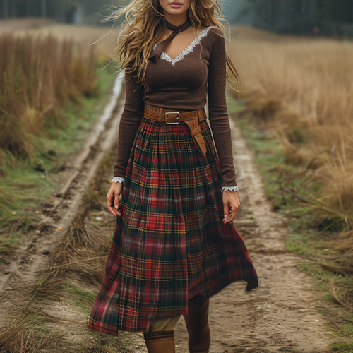 Women's Retro Plaid V-neck Long-sleeve Long Skirt Pastoral Style Maxi Long Dress