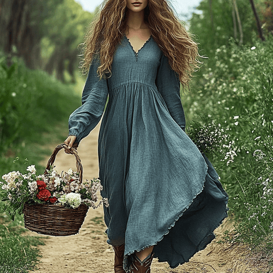 Women's Linen Bohemian Style Solid Casual Simple Long-sleeve Maxi Long Dress