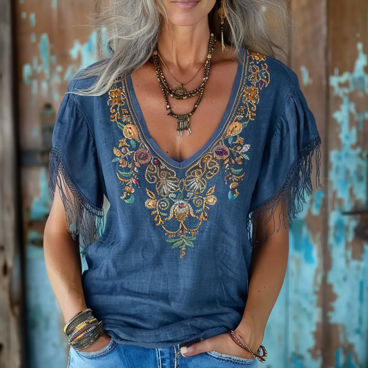 Women's Bohemia Ethnic Print Style Line Loose T-shirt