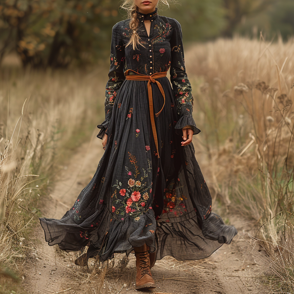 Women's Vintage Country Pastoral Linen Style Long-sleeve Maxi Long Dress