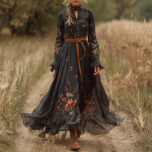 Women's Vintage Country Pastoral Linen Style Long-sleeve Maxi Long Dress