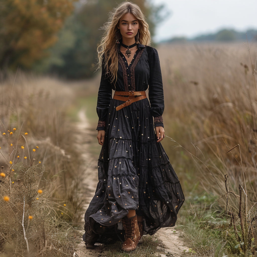 Women's Vintage V-neck Bohemian Pastoral Style Long-sleeve Maxi Long Dress