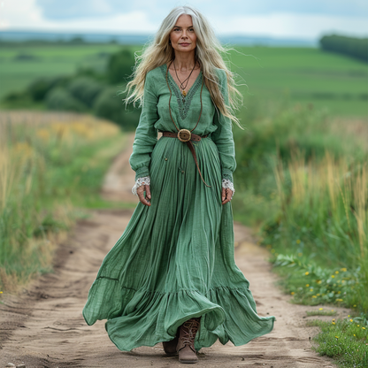Women's Vintage Pastoral Style V-neck Linen Long-sleeve Maxi Long Dress
