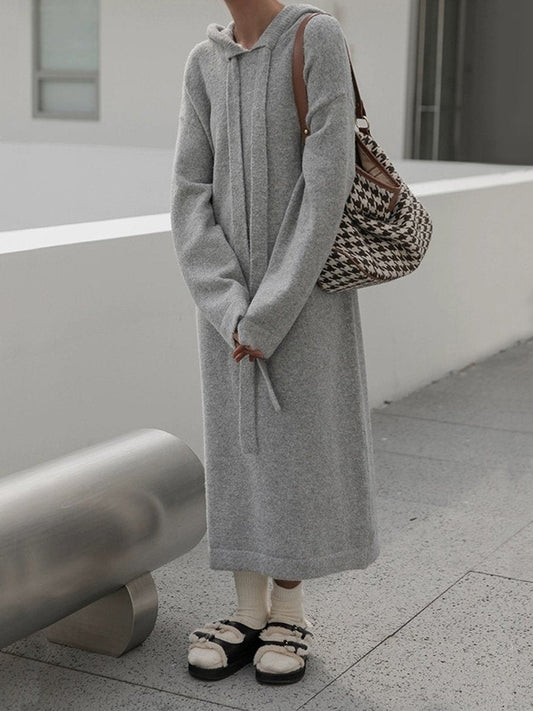 Women's Casual Hooded Collar Long Solid Color Knit Dress