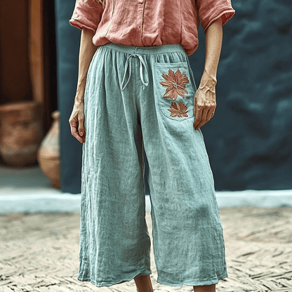 Women's Linen Wide-leg Ethnic Floral Casual Cropped Trouser Pants