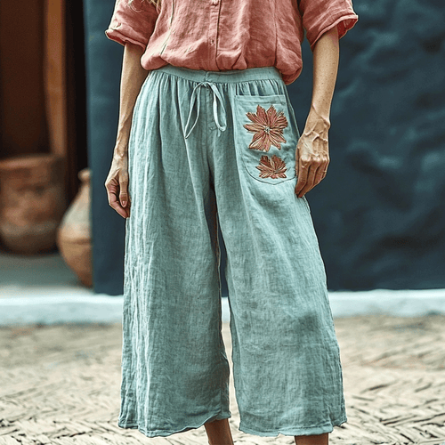 Women's Linen Wide-leg Ethnic Floral Casual Cropped Trouser Pants