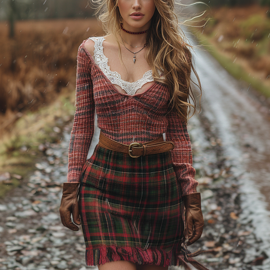 Women's Autumn And Winter Long-sleeve Dress Short Skirt Christmas Plaid Skirt