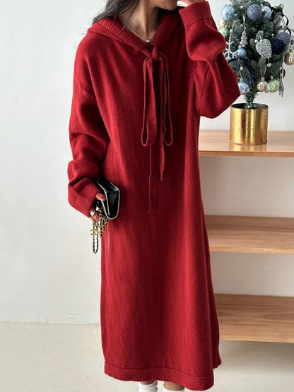 Women's Casual Hooded Collar Long Solid Color Knit Dress